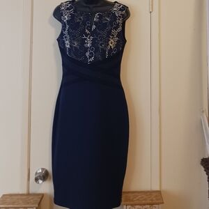 vf show pencil dress nowt blue ,embossed gold thread ,size med. Sleeveless
